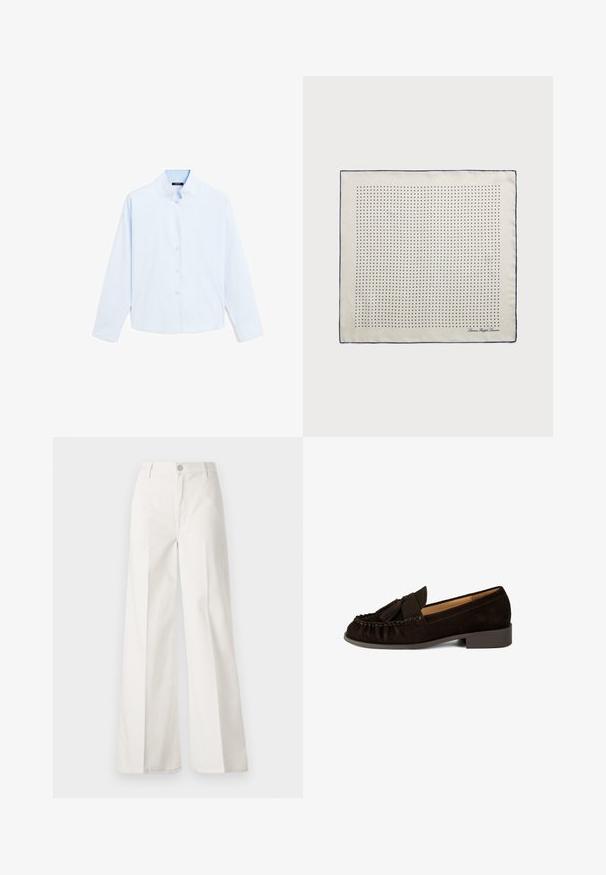 Himmelblaues Langarmhemd mit Stehkragen, Knopfverschluss vorne und glatter Baumwolltextur. Einfaches Design, keine Muster oder Akzente.; Weiße weite Hosen aus Baumwolle mit glatter Textur. Sie verfügen über einen vorderen Knopf, einen Reißverschluss und ein Design mit vier Taschen.; Braune Wildleder-Loafer mit runder Spitze, gefältetem Detail und einem kleinen Quastenakzent. Verfügt über einen niedrigen, leicht gestuften Absatz.; Seidenschal in Creme mit einem Marineblauen Rand, der gleichmäßig verteilte marineblaue Punkte in einem Muster zeigt. Signatur in der Ecke gedruckt.