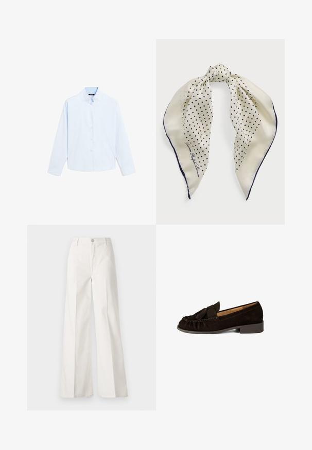 Lichtblauw overhemd met lange mouwen en een mandarinakraag, met een knoopsluiting aan de voorkant en een gladde katoenstructuur. Eenvoudig ontwerp, zonder patronen of accenten.; Witte wijde-broek gemaakt van katoen met een gladde textuur. Voorzien van een knoop aan de voorkant, ritsopening en vierzakkenontwerp.; Brown suede instappers met een ronde neus, geplooide details en een kleine kwastaccent. Heeft een lage, iets verhoogde hak.; Zijden sjaal met een crèmekleurige achtergrond en marineblauwe stippen, geknoopt in het midden; marineblauwe rand; met de tekst "Lauren Ralph Lauren."; ESTRO DUŻA Z WŁOSKIEJ - Handtas - dark brown