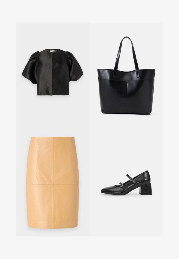 Top court en satin noir avec des manches courtes bouffantes et une ouverture sur le devant. Texture lisse avec une finition brillante, design minimaliste.; 2nd Day JAYAN - Jupe en cuir - camel; Chaussures Mary Jane en cuir verni noir avec un bout pointu, deux sangles réglables et un talon épais. Texture lisse et finition brillante.; Sac fourre-tout en cuir noir avec deux longues poignées, une texture lisse et une forme structurée. Dispose d'une poche avant pour un rangement supplémentaire.