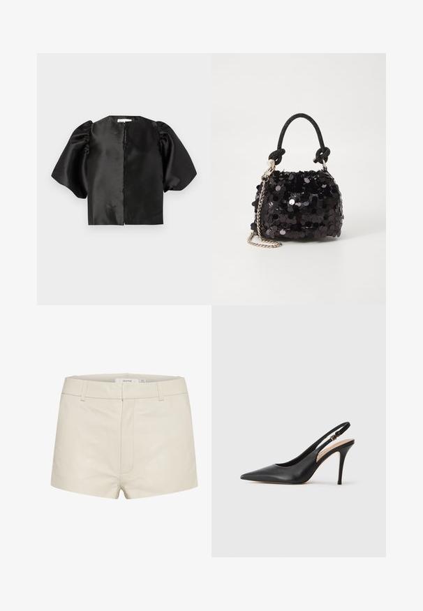 Melna satīna īsa topa blūze ar pūkām īsām piedurknēm un priekšējo atklājumu. Gluda tekstūra ar spīdīgu apdari, minimālistisks dizains.; Beige ādas šorti ar gludu tekstūru, ar pieguļošu jostu, jostu cilpām un nenozīmīgām priekšējām šuvēm. Vienkāršs, mūsdienīgs dizains.; Melna ādas slingback augstpapēžu kurpe ar norādītu purngalu, gludu tekstūru un smalku siksniņu ar metalizētu sprādzi.; Melna spīguļota mini rokas soma ar mezglotu teksturētu siksniņu un sudraba ķēdi. Apaļa forma ar sakopotām malām un atstarojumu detaļām.