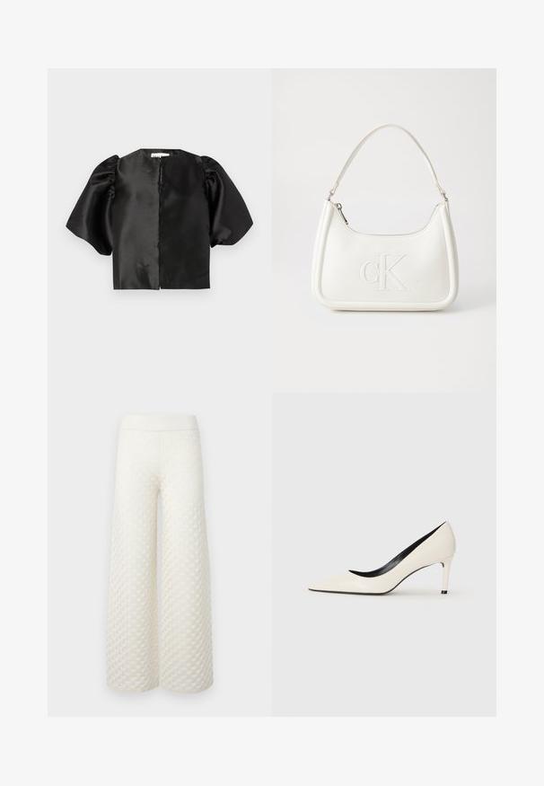 Melna satīna īsa topa blūze ar pūkām īsām piedurknēm un priekšējo atklājumu. Gluda tekstūra ar spīdīgu apdari, minimālistisks dizains.; Platas kājas bikses krēmkrāsā, ar teksturētu quilted rakstu, elastīgu vidukļa joslu un gludu audumu ar vieglu spīdumu.; Balti lakota āda augstpapēžu kurpes ar norādītu purngalu, šauru papēdi un melnu iekšējo apdari. Gluda tekstūra un eleganta forma.; Balta ādas rokassoma ar noapaļotu formu, uz kuras priekšpuses ir izgriezts "CK" logo un viena plecu siksna. Augšā aizverama ar rāvējslēdzēju.