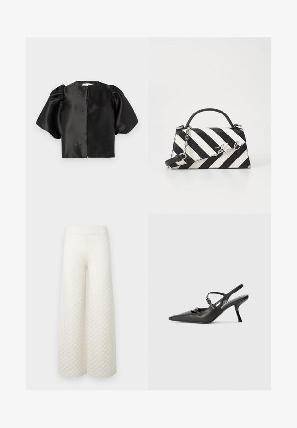 Black satin cropped top with puffed short sleeves and a front opening. Smooth texture with a glossy finish, minimalistic design.; Wide-leg trousers in cream, featuring a textured quilted pattern, elastic waistband, and smooth fabric with a subtle sheen.; Black leather slingback heels with a pointed toe, slender heel, and decorative buckle detail on the vamp. Smooth texture and sleek design.; Black and white striped handbag with a structured shape, featuring a top handle, a detachable chain strap, and metallic logo accent.