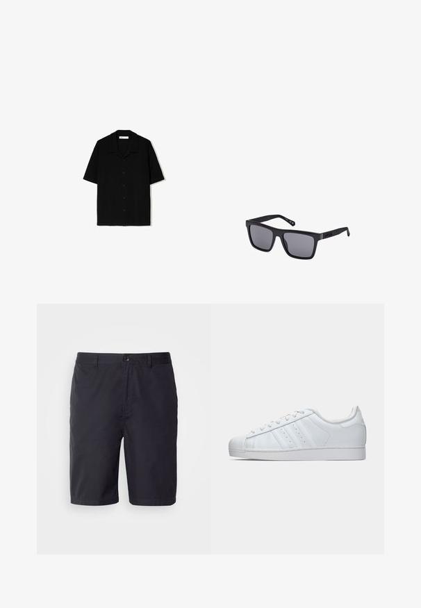 Camicetta nera a maniche corte con bottoni, realizzata in tessuto testurizzato. Presenta un colletto camp e un orlo dritto, con cinque bottoni anteriori.; Shorts blu navy realizzati in cotone leggero, con chiusura a bottone, passanti per cintura e taglio dritto sopra il ginocchio.; Sneaker bianco in pelle con punta in gomma testurizzata, tre strisce laterali e colletto imbottito. Lacci bianchi piatti e design minimal.; Occhiali da sole rettangolari neri con lenti scure, finitura opaca e dettaglio del logo sulla tempia. Il design presenta bordi dritti e montature spesse.
