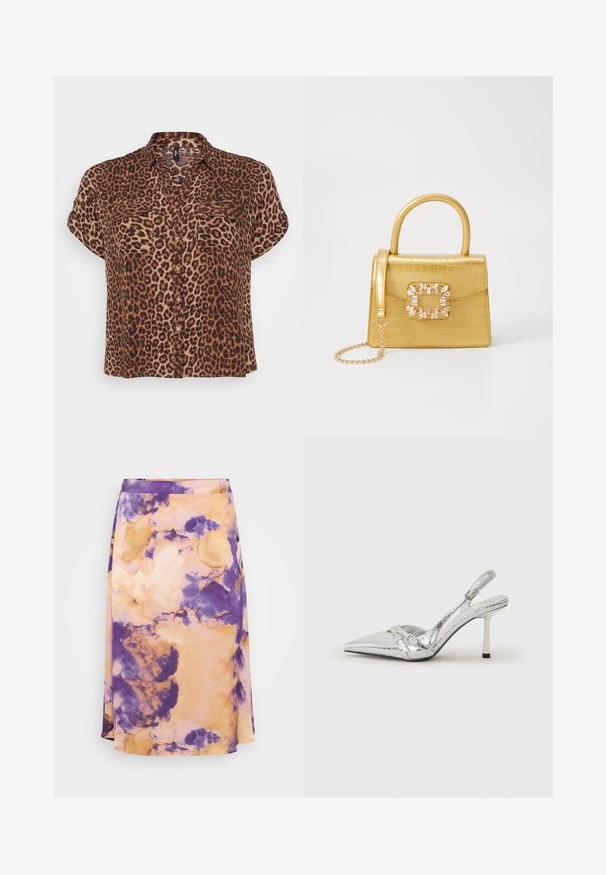 Leopárdmintás, rövid ujjú blúz barna és bézs színben, két mellzsebbel, gombos elülső résszel és laza szabással.; Lila és narancs színű, batikolt midi szoknya puha anyagból, A-vonalú kivitelben, finom textúrával. Simító derékpánt és folyó formázás jellemzi.; Ezüst slingback magas sarkú cipő hegyes orral, fémszerű felülettel, két dekoratív pánttal és vékony sarkú, fekete végű dizájnnal.; Sárga műbőr krokodil mintás kézitáska strukturált kialakítással, felső fogantyúval, leválasztható lánccal és díszes kristály díszítéssel a záron.