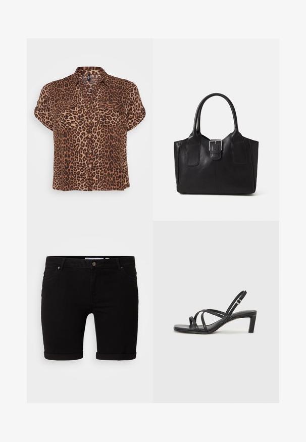 Bordeauxblouse met luipaardprint, korte mouwen, in bruin en beige, met twee borstzakken, een knoopsluiting en een ontspannen pasvorm.; Zwarte spijkerbroeken met een recht model, voorzien van opgerolde zoomranden, een knoopsluiting aan de voorkant en zijzakken. Gladde textuur en een minimalistisch ontwerp.; Zwarte sandaal met bandjes, vierkante teen en een lage blokhak. Voorzien van meerdere dunne bandjes en een verstelbare enkelband. Gemaakt van zacht leer.; Zwarte leren tote bag met een gladde textuur, gestructureerde vorm, twee handvatten en een opvallend zilveren sluitingdetail aan de voorkant.