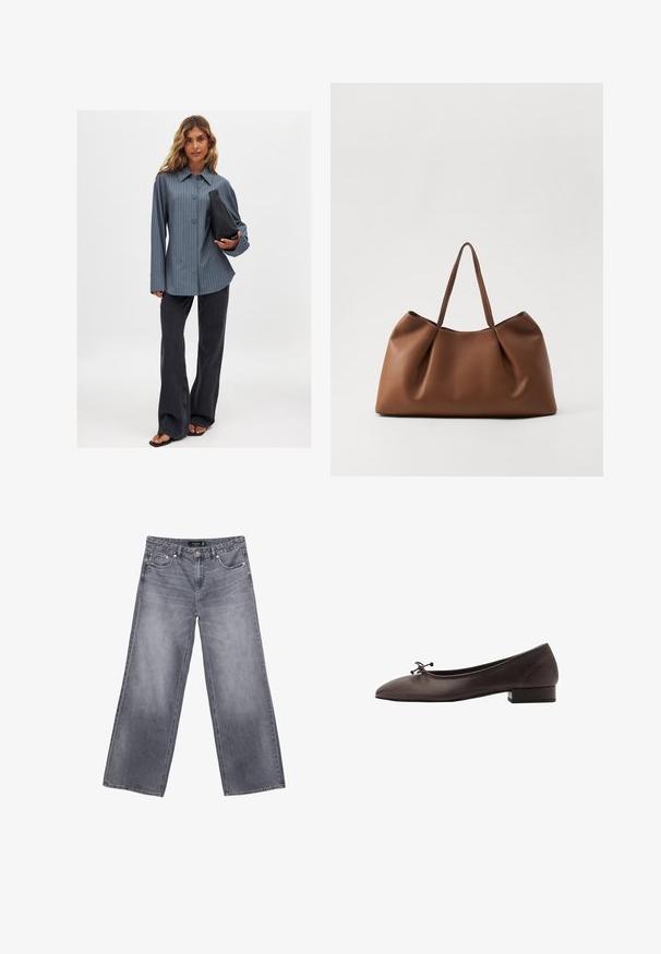 Camicia a righe blu con bottoni, abbinata a jeans neri a zampa e una borsa nera. Tessuto morbido e maniche ampie, vestibilità casual.; Jeans in denim grigio a gamba larga con finitura sbiadita, chiusura con bottone e design a cinque tasche. Presenta cuciture doppie e accessori in tonalità argentata.; Ballerina in pelle marrone con punta arrotondata e tacco a blocco piccolo. Presenta un sottile fiocco sul davanti e dettagli di cucitura discreti.; Borsa a tote in pelle marrone con un design morbido e curvo, caratterizzata da una texture plissè e due manici robusti. Accenti di cucitura minimalista.