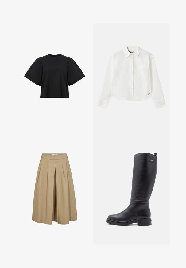 AllSaints JESS TEE - Blouse - black; White cropped long-sleeve shirt made of cotton. Features a button-up front, a chest pocket, and a small black logo on the bottom left.; Beige pleated skirt with a wide hem and a fitted waistband. Made from lightweight fabric, features a subtle texture and clean lines.; Tall black leather boot with low block heel, lug sole, and a small rectangular label near the top displaying the brand name.