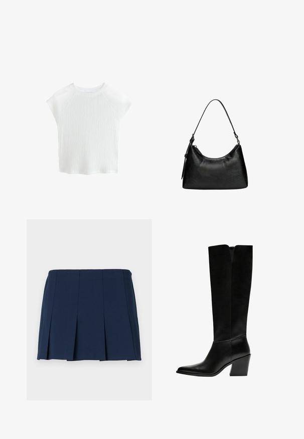 Witte, gestructureerde top met korte mouwen en een ronde hals, met raglanmouwen, voorzien van een subtiel golfpatroon en lichte stof.; Marineblauwe geplooide minirok met een rechte tailleband, gemaakt van een gladde stof. Bevat verticale stiksels langs de plooien.; Zwarte laarzen tot de knie van soepel leer, met een puntige neus, een blokhak en een V-vormige uitsparing aan de bovenkant.; Zwarte synthetische leren handtas met een gebogen vorm, korte handgreep, ritssluiting en een subtiel textuurpatroon op het oppervlak.