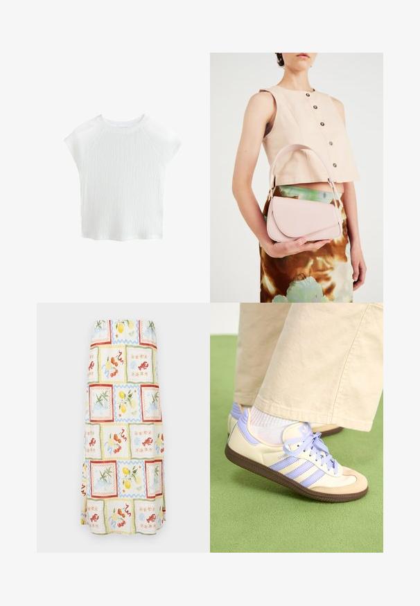 Bijela, teksturirana kratka majica s kratkim rukavima i okruglim izrezom, s raglan rukavima, koja sadrži suptilni valoviti uzorak i lagani materijal.; Maxi suknja od lagane tkanine s živopisnim višestrukim uzorcima, uključujući voće i obalne prizore u pastelnim bojama i teksturiranim naglascima.; Kremasto-ljubičaste tenisice s tri pruge i strukturiranim smeškim potplatom, s vezicama i podstavljenim petom. Mekana gornja tkanina.; Ružičasta kožna torba s zakrivljenim poklopcem, jednim remenom za rame i čistim linijama. Torba ima glatku teksturu i minimalistički dizajn.; Ogrlica od metalnog materijala u zlatnoj boji s nepravilan teksturiranim karikama i Y-oblikovanim privjeskom, naglašena središnjim privjeskom koji podsjeća na slojevite kovanice.