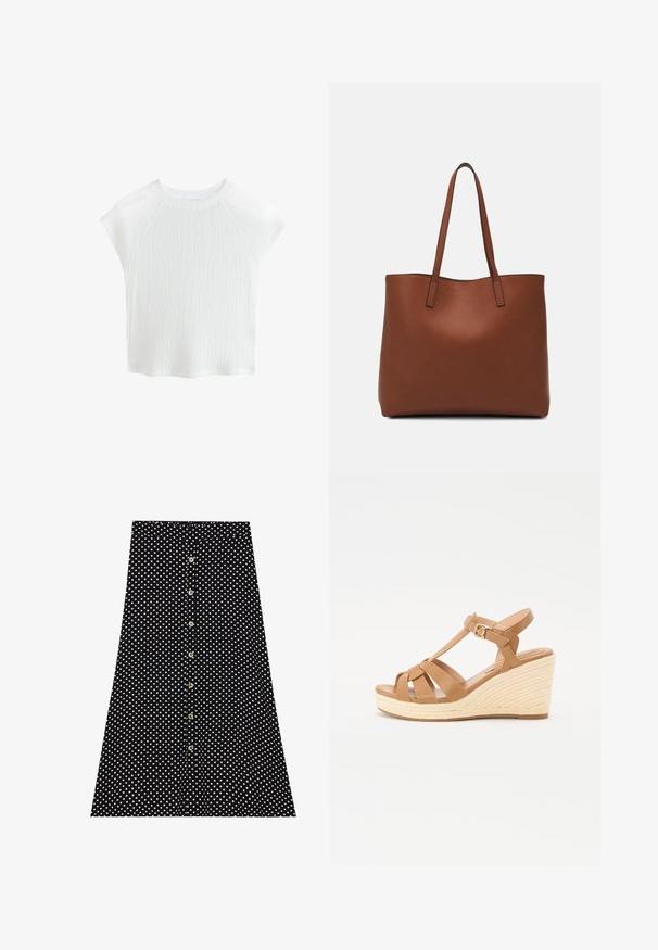 Top corto de manga corta texturizado en blanco con cuello redondo y mangas raglán, que presenta un sutil patrón de ondas y un material ligero.; Falda negra con lunares blancos, con un frente abotonado, diseño acampanado y cintura elástica. Textura de tela suave.; Sandalias de cuña en tono tostado con diseño de tiras cruzadas, hebilla ajustable en el tobillo y cuña estilo espadrille texturizada y trenzada.; Bolso tote de cuero marrón con una textura suave, diseño de apertura superior y dos correas para el hombro. Presenta una costura mínima y sin herrajes visibles.