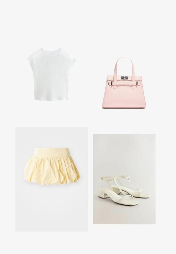 Valkoinen, teksturoitu lyhythihainen paita, jossa on pyöreä kaula-aukko ja raglan-hihat, sisältäen hienovaraisen aaltoilun kuvion ja kevyen materiaalin.; Keltainen puuvillahame, jossa on runsas, kerätty muotoilu ja leveä vyötärö. Sileä pinta ja kevyt kangas luovat rentoa ilmettä.; Valkoiset nahkaiset korko- ja nilkkaketjulliset sandaalit, joissa on T-mallinen muotoilu, neliömäinen kärki ja teksturoitu kanta, joka on sileä. Kultaiset yksityiskohdat.; Vaaleanpunainen rakenteellinen käsilaukku, joka on valmistettu tekstuuripinnoitetusta nahasta. Laukussa on kaksi yläkahvaa, läppäkiinnitys ja kontrastiväriset metalliset yksityiskohdat.
