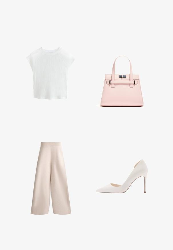 Top alb, texturat, cu mânecă scurtă, guler rotund și mâneci raglan, având un model subtil de valuri și un material ușor.; Pantaloni bej cu picior larg, cu un brâu elastic cu nervuri, textură moale și pliseuri. Silueta liberă se extinde până la jumătatea gambei.; Pantof încâlțat alb cu vârful ascuțit, având o textură fină, o siluetă elegantă și un toc subțire de tip stiletto; are un design cu un lateral decupat.; Geantă structurată roz, confecționată din piele texturată, cu două mânere superioare, închidere cu clip și accente metalice contrastante.
