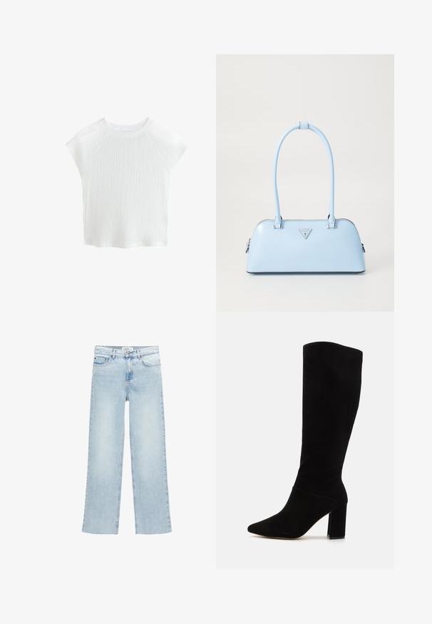 Valkoinen, teksturoitu lyhythihainen paita, jossa on pyöreä kaula-aukko ja raglan-hihat, sisältäen hienovaraisen aaltoilun kuvion ja kevyen materiaalin.; Vaaleansiniset leveälahkeiset farkut, joissa on korkea vyötärö, viisi taskua ja nappisuljenta. sisältää minimaalista ompelu- ja yksityiskohtaisuutta.; Musta polven yli ylettyvä saapas, joka on valmistettu mokasta. Saappaassa on teräväkärkinen muoto, loivasti leveä kanta ja sileä pinta ilman näkyviä kuvioita tai varusteita.; Vaaleansininen käsilaukku, joka on muotoiltu jämäkästi, valmistettu sileästä nahasta, varustettu kahdella kahvalla ja edessä kolmiomainen brändilogo. Vetoketjukiinnitys.