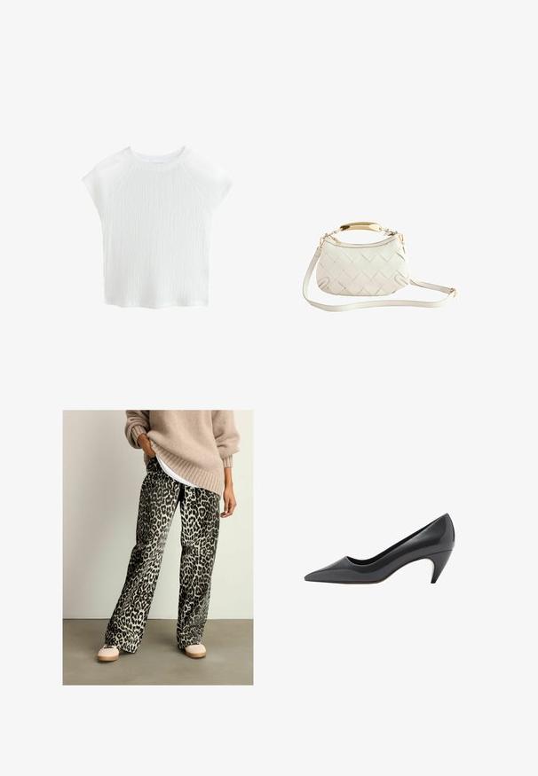 Top corto de manga corta texturizado en blanco con cuello redondo y mangas raglán, que presenta un sutil patrón de ondas y un material ligero.; Pantalones de pierna ancha con estampado de leopardo, hechos de tela suave, que cuentan con una cintura elástica y una combinación de colores en negro y beige. Combinados con un suéter beige.; Zapato de charol negro con punta afilada y tacón medio cónico. Textura suave y elementos de diseño mínimos.; Bolso de mano de cuero tejido blanco con un asa en tono dorado, correa de hombro desmontable y base redondeada. Presenta un cierre con cremallera en la parte superior.
