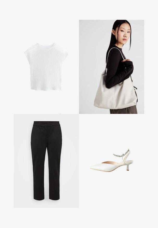 Top alb, texturat, cu mânecă scurtă, guler rotund și mâneci raglan, având un model subtil de valuri și un material ușor.; Pantaloni negri dintr-un material neted și elastic. Aceștia au o talie lată și plată și un croi drept, fără buzunare vizibile.; Pantof de tip slingback alb, cu vârful ascuțit și toc kitten mic. Prezintă un accent cu lanț în jurul gleznei. Textură mată, netedă.; Geantă bej din material moale, cu un design lejer, detalii cusute și două bretele pentru umăr. Potrivită pentru utilizarea zilnică.