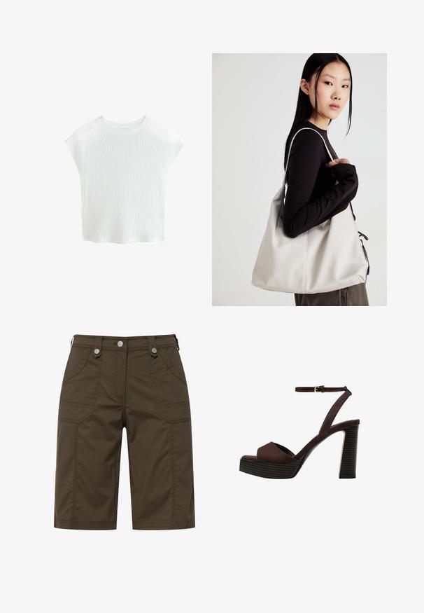 Hvid, tekstureret kortærmet top med rund halsudskæring og raglanærmer, der har et diskret bølgemønster og let materiale.; Brune stofshorts med to forlommer og to baglommer, dekoreret med sølvhardware ved taljen. Lige snit.; Brune ruskinds højhælede sandal med åben tå, justerbar ankelrem og en stribet plade sål.; Beige håndtaske lavet af blødt materiale med et slouchy design, stikninger og to skulderremme. Velegnet til daglig brug.