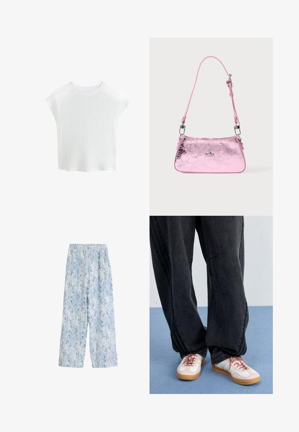 Top alb, texturat, cu mânecă scurtă, guler rotund și mâneci raglan, având un model subtil de valuri și un material ușor.; Pantaloni largi cu un model albastru deschis, cu un brâu elastic, având un design floral și linii verticale, confecționați dintr-un material moale.; Pantaloni din denim negri, largi, cu detalii de cusătură pe față, asortați cu adidași albi și roz, dotati cu talpă de cauciuc și șireturi roz.; Geantă de mână metalizată roz cu textură creponată, curea reglabilă și accesorii argintii. Prezintă un mic emblemă pe partea din față.