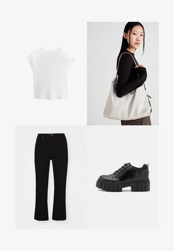 Witte, gestructureerde top met korte mouwen en een ronde hals, met raglanmouwen, voorzien van een subtiel golfpatroon en lichte stof.; Zwarte flared jeans van denim, met voorzakken, een knoopsluiting en subtiele oranje stikdetails. Soepele textuur.; Zwarte leren platform schoenen met een stevige blokhak, ronde neus en een traditionele vetersluiting. Kenmerkt zich door een gladde textuur en minimale details.; Beige handtas gemaakt van zacht materiaal, met een slonzig ontwerp, gestikte details en twee schouderbanden. Geschikt voor dagelijks gebruik.