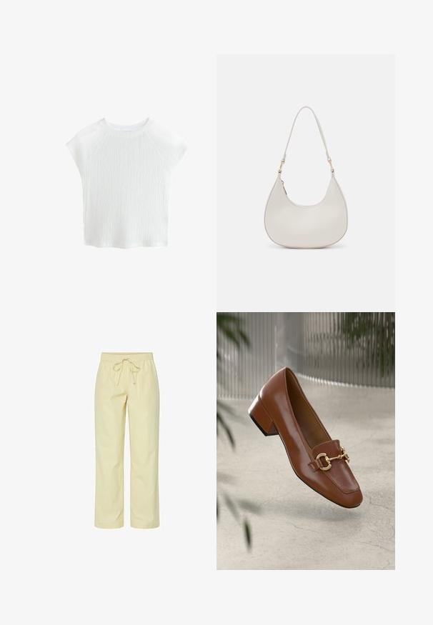 Witte, gestructureerde top met korte mouwen en een ronde hals, met raglanmouwen, voorzien van een subtiel golfpatroon en lichte stof.; Geel gestreepte broek met een elastische tailleband en trekkoord. De stof heeft een gladde textuur. Rechte pijpen die tot halverwege de kuit reiken.; Bruine lakleren loafer met vierkante neus, metallic kettingaccent en lage blokhak; gladde textuur, minimalistisch ontwerp.; Crème leren schoudertas met een halve maan vorm, dunne schouderband en subtiele stiksels. Minimalistisch ontwerp met gouden hardware accenten.