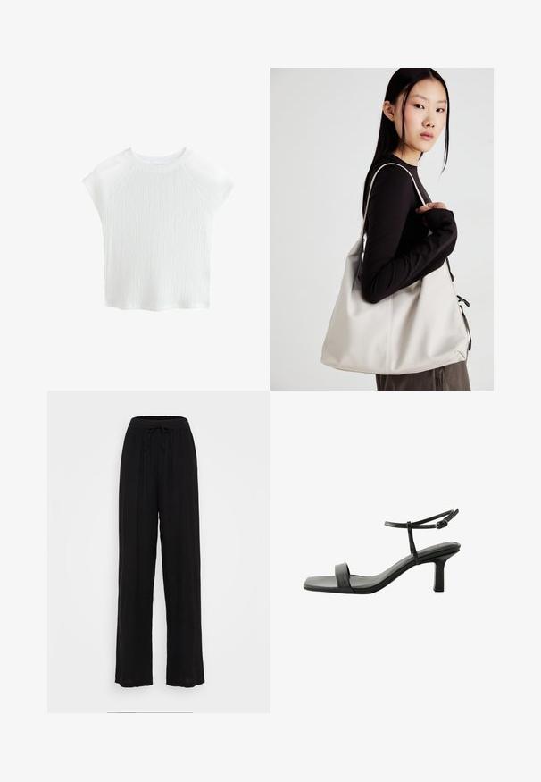 Balta, teksturēta īsām piedurknēm augšdaļa ar apaļu kakla izgriezumu un raglanu piedurkēm, kas izceļas ar smalku viļņu rakstu un vieglu materiālu.; Melni široki bikses, kas izgatavoti no viegla auduma, ar elastīgu jostu un auklu, bez redzamām rakstu vai akcentu detaļām.; Next FOREVER COMFORT SIMPLE REGULAR FIT - Sandales - black; Bežs rokassoma, izgatavota no mīksta materiāla, ar brīvu dizainu, izšūtu apdari un divām plecu siksnām. Piemērota ikdienas lietošanai.