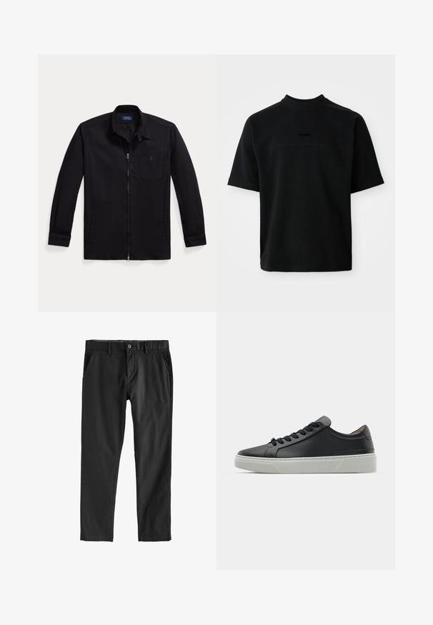 Veste noire en tissu léger, dotée d'une fermeture éclair à l'avant, d'un col pointu et d'une poche sur la poitrine gauche avec logo. Manches longues avec détails aux poignets.; T-shirt noir à manches courtes en coton avec un col haut, présentant une texture lisse et un logo subtil au centre.; Pantalons noirs en tissu lisse, avec une fermeture à bouton, des poches latérales et un design à jambe droite. Aucune motif ou texture visible.; Sneaker en cuir noir avec une texture lisse, bout rond et lacets noirs. Présente une semelle épaisse en caoutchouc blanc avec des accents géométriques subtils.