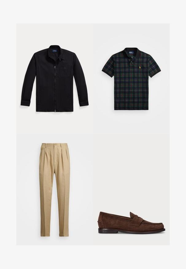 Juodas švarkas, pagamintas iš lengvos medžiagos, su užtrauktuku priekyje, taškais ir kairėje krūtinės pusėje esančia kišene su logotipu. Ilgos rankovės su rankogalių detalėmis.; Tamsiai žalia, tamsiai mėlyna, raudona ir geltona languota polo marškinėliai su juodu apykakle ir rankovių kraštais, su mažuoju geltonu išsiuvinėtu logotipu ant krūtinės.; Bežinės lininės kelnės tiesaus kirpimo, turinčios dvi priekinės klostes, sagų užsegimą ir šonines kišenes. Tekstūruotas audinys su lygiu paviršiumi.; Rudi zomšos loaferiai su lygia tekstūra, mokasinų stiliaus siuvinėjimu, žemu kulnu ir dekoratyvia juostele per priekį.