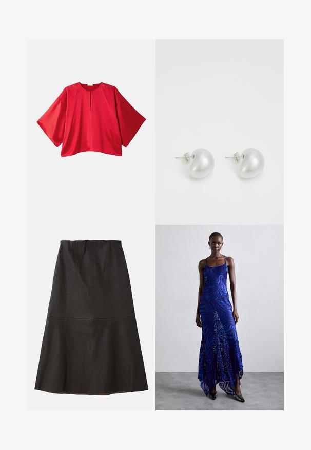 Czerwona bluzka z krótkim rękawem wykonana z gładkiego materiału. Posiada szeroki krój, dekolt w łódkę oraz centralne rozcięcie. Prosty, jednolity kolor.; Czarna, do kolan spódnica w kształcie litery A, wykonana z gładkiego, teksturowanego materiału. Charakteryzuje się średnim stanem i subtelnym detalem szwu.; Maxi sukienka w niebiesko-fioletowy wzór zwierzęcy, z cienkimi ramiączkami, dopasowanym gorsetem, rozkloszowanym dołem i przeźroczystymi detalami.; Srebrne kolczyki perłowe w zakrzywionym, fasolowym kształcie. Gładka, błyszcząca powierzchnia, z zamknięciem na stalowy szpikulec i zatyczkę.