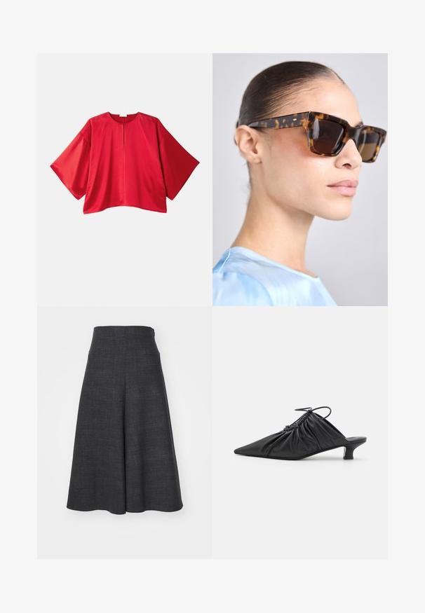 Rdeča kratkozaporedna majica iz gladkega materiala. Ima širok kroj, čolnasti izrez in srednji razporek. Enostaven, enobarven dizajn.; Temno sivi kulotni iz teksturirane tkanine, z visokim pasom, razširjenim krojem in stranskimi žepi, gladke površine brez vidnih kovinskih delov.; Črne usnjene sprednje mule s koničastim nosom, zgrčenim teksturiranim dizajnom in majhno mačjo peto. Imajo detajl s vezalko na odprtju.; Soncezna očala iz torbice s masivnim pravokotnim okvirjem. Temni leči in zlate odtenke na templjih. Gladka, sijajna površina.; Srebrne biserne uhane z ukrivljeno, fižolasto obliko. Gladka, sijoča površina ter pritrjena z zatičem in zaklepanjem zadaj.