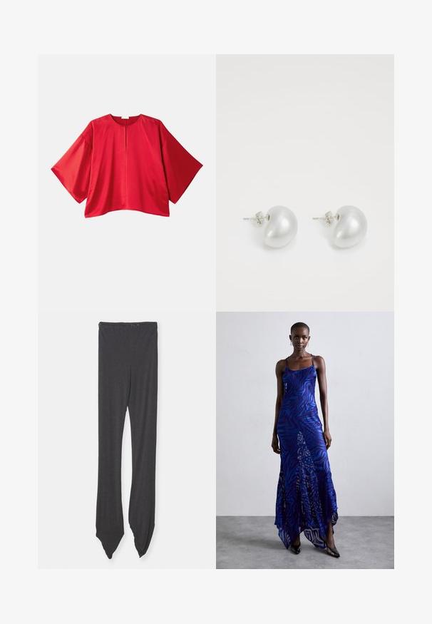 Czerwona bluzka z krótkim rękawem wykonana z gładkiego materiału. Posiada szeroki krój, dekolt w łódkę oraz centralne rozcięcie. Prosty, jednolity kolor.; Ciemnoszare legginsy wykonane z miękkiego materiału, z szerokim pasem w talii i zwężającymi się końcówkami, które są spiczaste. Design jest gładki, bez wzorów.; Maxi sukienka w niebiesko-fioletowy wzór zwierzęcy, z cienkimi ramiączkami, dopasowanym gorsetem, rozkloszowanym dołem i przeźroczystymi detalami.; Srebrne kolczyki perłowe w zakrzywionym, fasolowym kształcie. Gładka, błyszcząca powierzchnia, z zamknięciem na stalowy szpikulec i zatyczkę.
