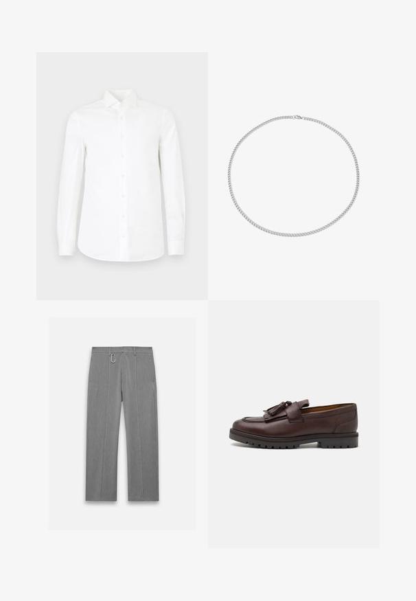Camicia bianca a maniche lunghe con bottoni realizzata in cotone liscio. Presenta un collare a punta, pieno fronte con bottoni e vita leggermente affusolata.; Pantaloni grigi su misura con finitura testurizzata. Presentano una zip frontale, tasche laterali e un accento in metallo argentato. Design a gamba dritta.; Zign Mocassini eleganti - brown; Collana in metallo argentato, caratterizzata da anelli intrecciati con una finitura liscia, di forma arrotondata e con una chiusura sicura.