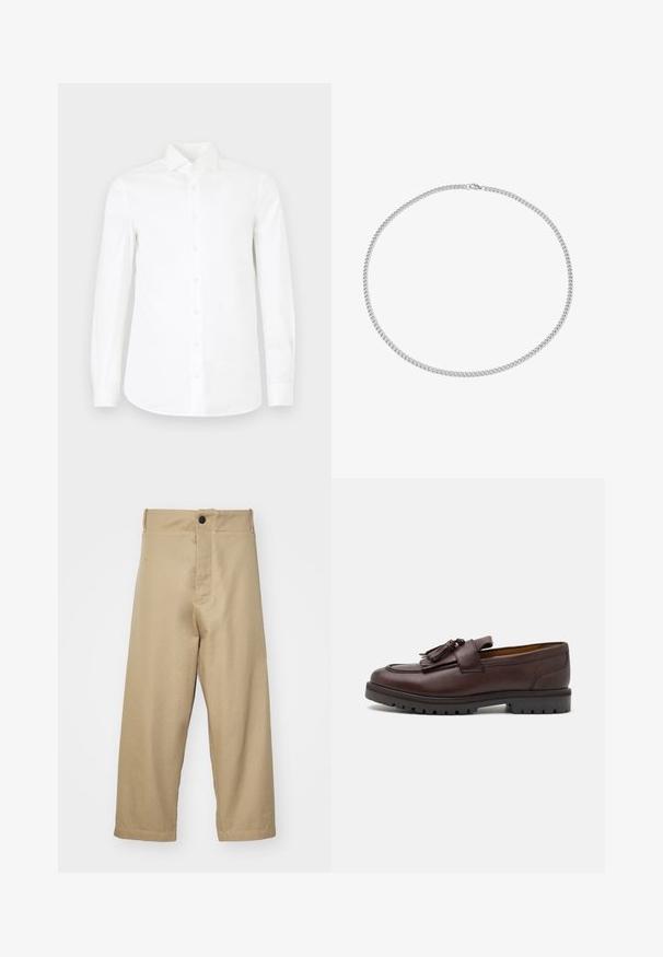 Bílá dlouhá košile s dlouhým rukávem vyrobená z hladké bavlny. Obsahuje špičatý límec, plný zapínání na knoflíky a mírně zúžený pas.; Béžové kalhoty vyrobené z pevné látky, s přímým střihem, vysokým pasem, předním zapínáním na knoflík a žlutými švy.; Zign Elegantní nazouvací boty - brown; Stříbrný řetízek na krk, se vzájemně propojenými články s hladkým povrchem, zaobleného tvaru a bezpečným zapínáním.