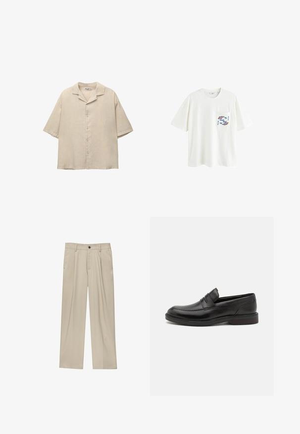 Short-sleeve beige shirt in a lightweight fabric, featuring a notched collar and five buttons down the front, with a relaxed fit.; White cotton t-shirt with short sleeves, featuring a pocket and blue/red graphic print on the pocket area. Relaxed fit, crew neck design.; Beige trousers with a straight cut, featuring a single black button, belt loops, and side pockets. Smooth fabric texture and minimal design.; Black leather loafers featuring a stitched toe detail, dual horizontal straps across the vamp, and a wooden heel. Smooth texture and rounded shape.