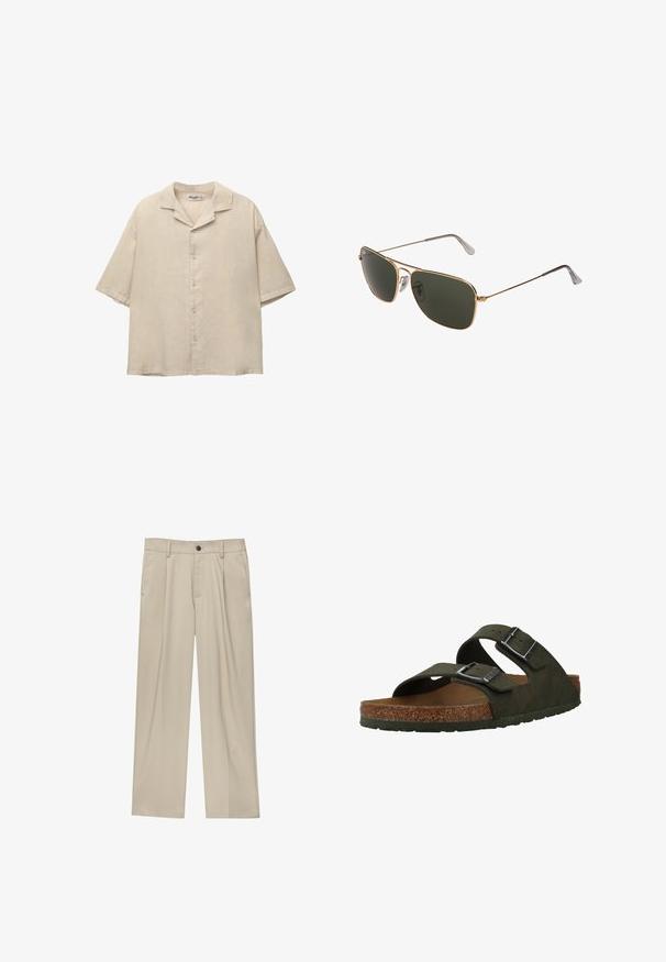 Krátky rukáv béžová košeľa z ľahkého materiálu, s výstrihom do V a piatimi gombíkmi na prednej strane, s voľným strihom.; Béžové nohavice s rovný strihom, s jedným čiernym gombíkom, pútkami na opasok a bočnými vreckami. Hladká textúra látky a minimálny dizajn.; Zelené nazúvacie sandále s dvoma nastaviteľnými popruhmi, korkovou stielkou a gumovou podrážkou. Obsahujú strieborné pracky a textúrovaný vrchný materiál.; Zlaté kovové pilotné slnečné okuliare s veľkými tmavozelenými šošovkami, s tenkým rámom a priehľadnými nosovými podložkami pre pohodlie.