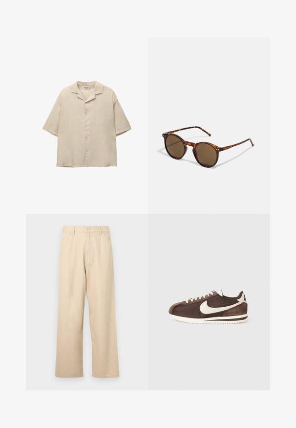Camicia beige a maniche corte in un tessuto leggero, con colletto a punta e cinque bottoni sul davanti, con una vestibilità comoda.; Pantaloni a gamba larga beige in denim con finitura texturizzata, dotati di chiusura frontale con bottone e design classico a cinque tasche.; Sneaker marrone con una combinazione di materiali in suede e canvas, dotato di un logo Nike swoosh bianco e di una suola in gomma testurizzata.; Occhiali da sole rotondi con montatura tartarugata e lenti marroni. Presentano aste sottili con una leggera texture e inserti in metallo vicino alle lenti.