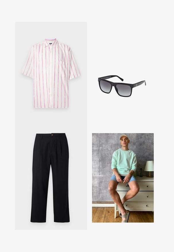 Koszula z krótkim rękawem, zapinana na guziki, w białym kolorze z pionowymi paskami w odcieniach różu i zieleni. Posiada kieszeń po lewej stronie.; Biała bawełniana koszulka z klasycznym okrągłym dekoltem, krótkim rękawem oraz małym, szarym logo GAP po lewej stronie klatki piersiowej. Prosty, bez zdobień krój.; Czarne spodnie z lekkiego materiału, z plisowanym przodem, prostymi nogawkami i jednym brązowym guzikiem w pasie.; Miętowy sweter, dżinsowe szorty i oliwkowe buty wsuwane. Siedząc na jasnym komodzie przy teksturowanej szarej ścianie.; Guess - Okulary przeciwsłoneczne