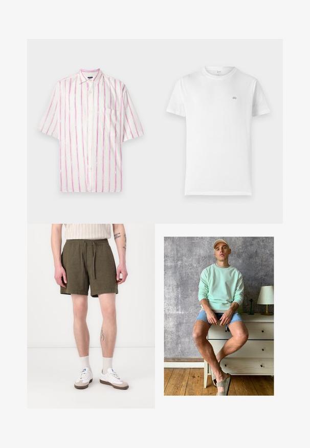 Camisa de botones de manga corta en tela blanca con rayas verticales en rosa y verde. Presenta un bolsillo en el lado izquierdo.; Camiseta de algodón blanca con cuello redondo clásico, mangas cortas y un pequeño logo gris de GAP en el lado izquierdo del pecho. Diseño simple y sin adornos.; Pantalones cortos de color verde oliva con cintura elástica y cordón, con bolsillos laterales y corte recto, fabricados con un tejido ligero.; Sudadera verde menta, pantalones cortos de mezclilla y zapatillas oliva. Sentado en una cómoda de color claro contra una pared gris texturizada.