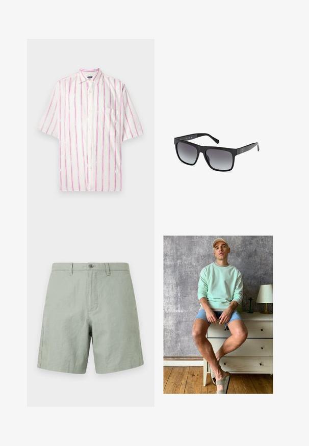 Camisa de botones de manga corta en tela blanca con rayas verticales en rosa y verde. Presenta un bolsillo en el lado izquierdo.; Pantalones cortos de lino verde claro con una parte delantera plana, cierre de un solo botón y bolsillos laterales. Dobladillo plano con detalles de costura mínimos.; Sudadera verde menta, pantalones cortos de mezclilla y zapatillas oliva. Sentado en una cómoda de color claro contra una pared gris texturizada.; Guess Gafas de sol - glossy black smoke gray