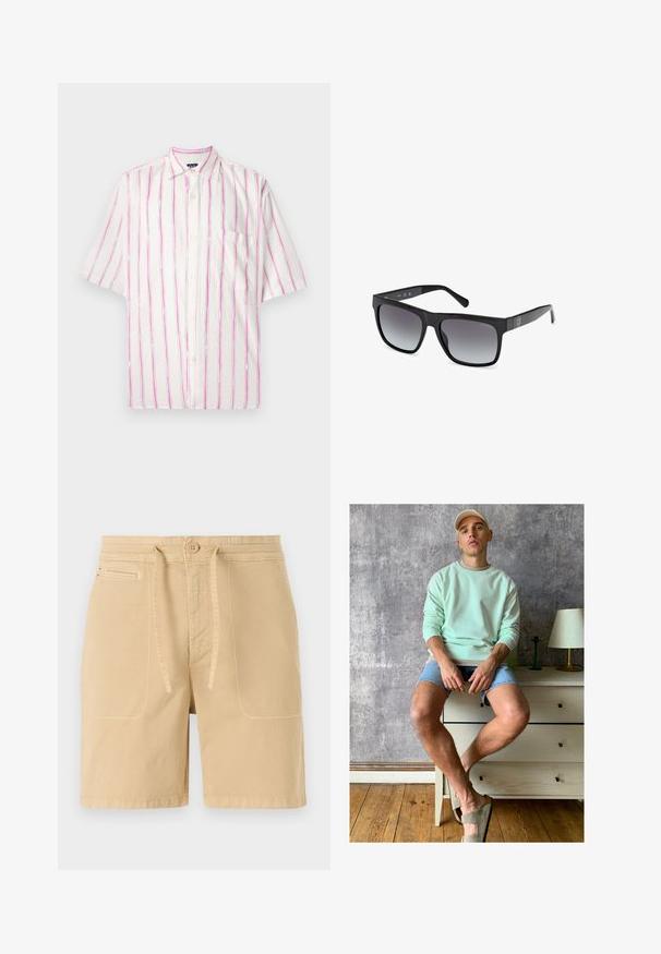 Krátký rukáv košile s knoflíky z bílé látky s vertikálními pruhy v růžové a zelené barvě. Má kapsu na levé straně.; Béžové šortky vyrobené z bavlny, s pasem na šňůrku, předními kapsami a viditelným šitím. Jednoduchý, ležérní design.; Mátově zelená mikina, džíny šortky a olivově zelené slip-on boty. Sedící na světlé komodě proti texturované šedé zdi.; Guess Sluneční brýle - glossy black smoke gray