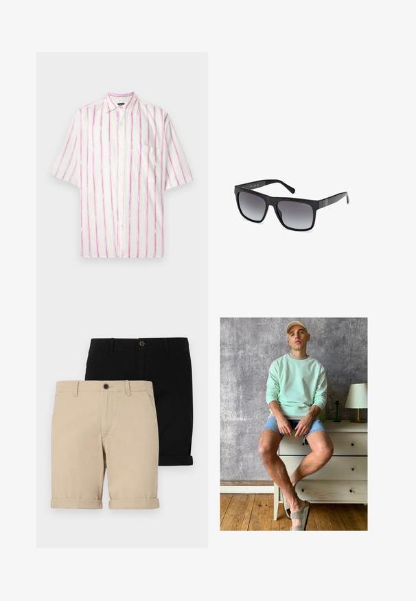 Korte mouwen overhemd met knopen in witte stof met verticale strepen in roze en groen. Heeft een zak aan de linkerkant.; Twee paren opgerolde shorts: een beige en een zwarte, gemaakt van gladde stof, met een frontknop en een klassiek ontwerp.; Muntgroene sweatshirt, denim shorts en olijfgroene instappers. Zittend op een lichtgekleurde ladekast tegen een gestructureerde grijze muur.; Guess Zonnebril - glossy black smoke gray
