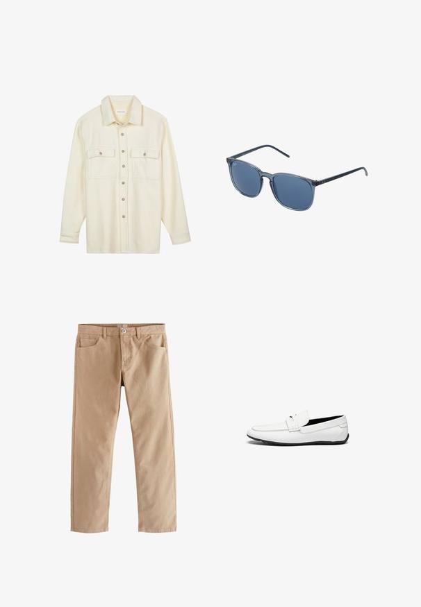 Pier One Vapaa-ajan kauluspaita - off white; Next Authentic Stretch - Straight leg -farkut - wheat; Valkoiset nahkakengät, joissa on sileä pinta, ommeltu korostus, pyöreä kärki ja musta kumipohja, joka tarjoaa pitoa.; Siniset suorakaiteen muotoiset aurinkolasit, joissa on harmaasävyiset linssit, muovikehys, metalliset yksityiskohdat ja matta viimeistely varsissa.