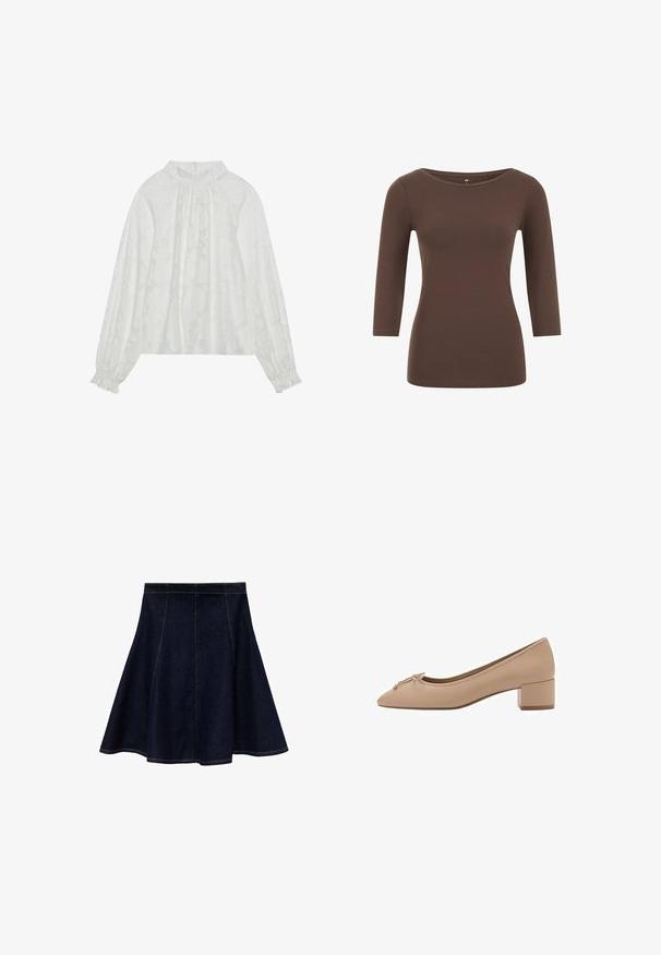 Valkoinen pitkähihainen paita, jossa on teksturoitu kukkakuosi, rypytetty kaula-aukko ja elastiset hihansuut. Pehmeä, kevyt kangas.; Ruskea pitkähihaine paita pyöreällä kaula-aukkolla, valmistettu pehmeästä materiaalista. Ominaisuuksiin kuuluu tiukka muotoilu ja sileä pinta.; Tummansininen A-linjainen farkkuhame, jossa on kontrastiväriset keltaiset ompeleet. Hameessa on istuva vyötärö ja liehuva helma, sileä pinta ja ei koristeita.; Beige nahkahölkkä, jossa on terävä varvas, pieni nauhadeetti edessä ja neliömäinen matala korko. Suora pinta ja minimaalinen ompelu.