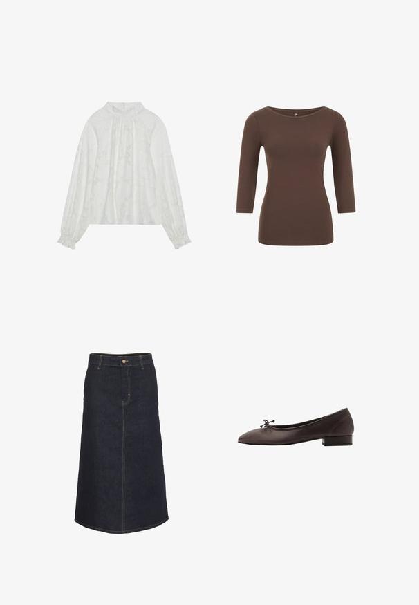 Valkoinen pitkähihainen paita, jossa on teksturoitu kukkakuosi, rypytetty kaula-aukko ja elastiset hihansuut. Pehmeä, kevyt kangas.; Ruskea pitkähihaine paita pyöreällä kaula-aukkolla, valmistettu pehmeästä materiaalista. Ominaisuuksiin kuuluu tiukka muotoilu ja sileä pinta.; Tumman sininen midi-hame suoralla siluetilla, jossa on edessä nappisulku ja kontrastivärisiä keltaisia ompeleita.; Ruske kožne balerinke s zaobljenim vrhom i malim blok petom. Imaju tanke mašne sprijeda i suptilne šavove.