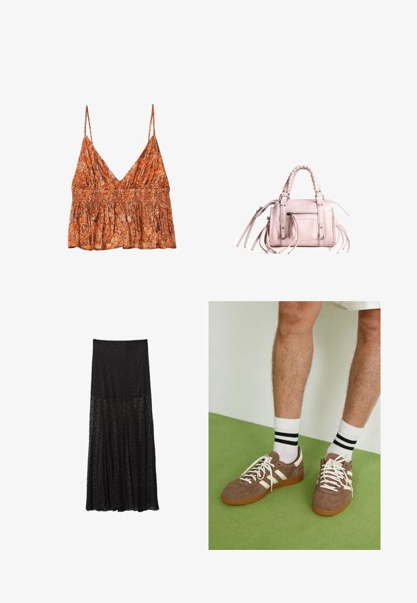 Branded smocked tanktop i et orange og creme blomster mønster, der har tynde stropper og en afslappet pasform. Letvægts, blødt stof.; Sort blonde maxiskirt med lagdelt design, tekstureret mønster og en svajende silhuet. Elastisk talje for en justerbar pasform.; Brune ruskind sneakers med hvide detaljer og snørebånd. Gummisål i naturgummi. Båret med hvide sokker med sorte striber. Grøn struktureret gulv.; Rosa håndtaske med flettet topgreb, sølv hardware, frontlomme med lynlås og lange kvaster på siderne; tekstureret faux lædermateriale.; Stradivarius SET - Armbånd - dark brown