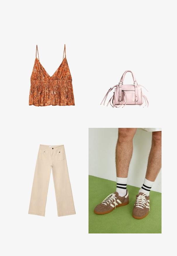 Brendirani smocked top s tanku u narančasto-krem cvjetnom uzorku, s tankim trakama i opuštenim krojem. Lagani, meki materijal.; Bež hlače širokih nogavica od mekog pamuka, s dva prednja džepa sa srebrnim detaljima, ravnog kroja i uredno dovršenim rubovima.; Smeđe nubuk tenisice s bijelim detaljima i vezicama. Gumeni potplat. Nosene s bijelim čarapama s crnim prugama. Zeleno teksturirano pod.; Roza torbica s pletenom drškom na vrhu, srebrnim detaljima, prednjim džepom s patentnim zatvaračem i dugim resicama sa strana; teksturirani materijal od umjetne kože.; Stradivarius SET - Narukvica - dark brown