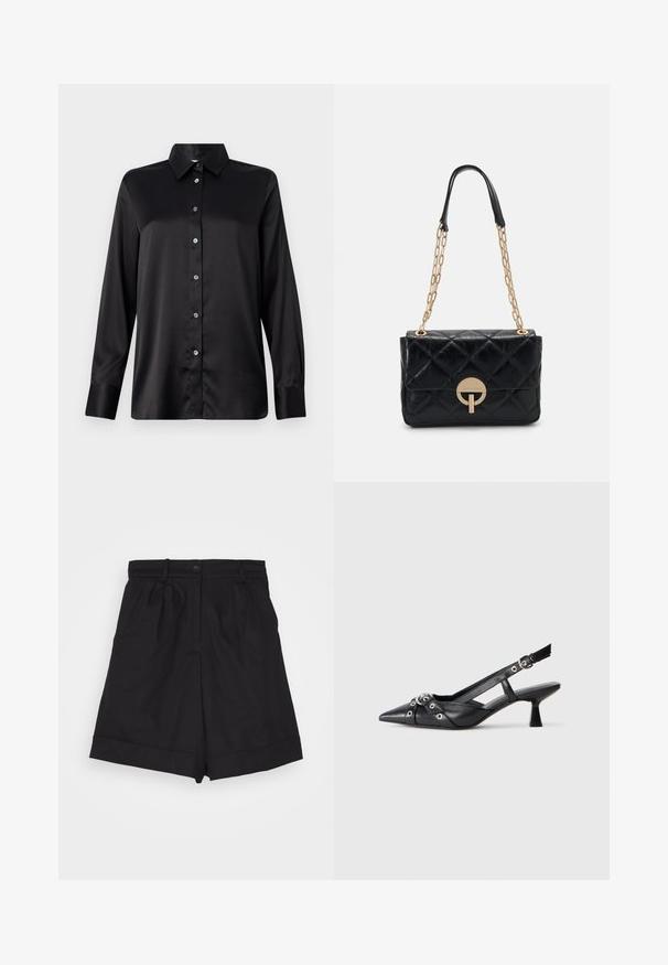 Μαύρο σατέν πουκάμισο μακρυμάνικο με κολλαριστό γιακά, μπροστινή κλείσιμο με κουμπιά και μανσέτες με ένα κουμπί. Απαλή υφή με ελαφρώς χαλαρή εφαρμογή.; Faithfull the brand CAMPANIA - Σορτς - black; Μαύρο δερμάτινο παπούτσι slingback με μυτερή μύτη, διακοσμητικές λωρίδες με μεταλλικά μάτια και χαμηλό μπλοκ τακούνι. Υφή επιφάνειας.; Μαύρη τσάντα χειρός από καπιτονέ δέρμα με χρυσή αλυσίδα, με κυκλικό κούμπωμα. Συμπαγής ορθογώνιος σχήμα με λεία υφή.