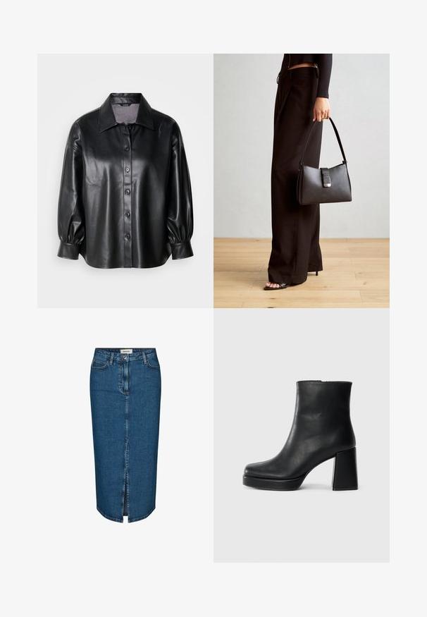Juodas odinis marškinėlių švarkas su apykakle, užsegimu mygtukais ir pūsto tipo rankovėmis. Lygus tekstūras ir prigludęs siluetas.; Tamsiai mėlyna džinsinė pieštuko sijonas, turintis priekį įpjovą, penkis kišenes ir kontrastingą siuvimą. Vidutinio aukščio liemuo su klasikiniu dizainu.; Juodas odinis kulkšninis botas su bloku ir platformos padu, matomas šoniniu vaizdu ant balto fono.; Juodas rankinė struktūrizuota forma, lygi tekstūra ir metalinis užsegimas. Suporuota su plačiomis juodomis kelnėmis ir atvirais bateliais ant medinių grindų.