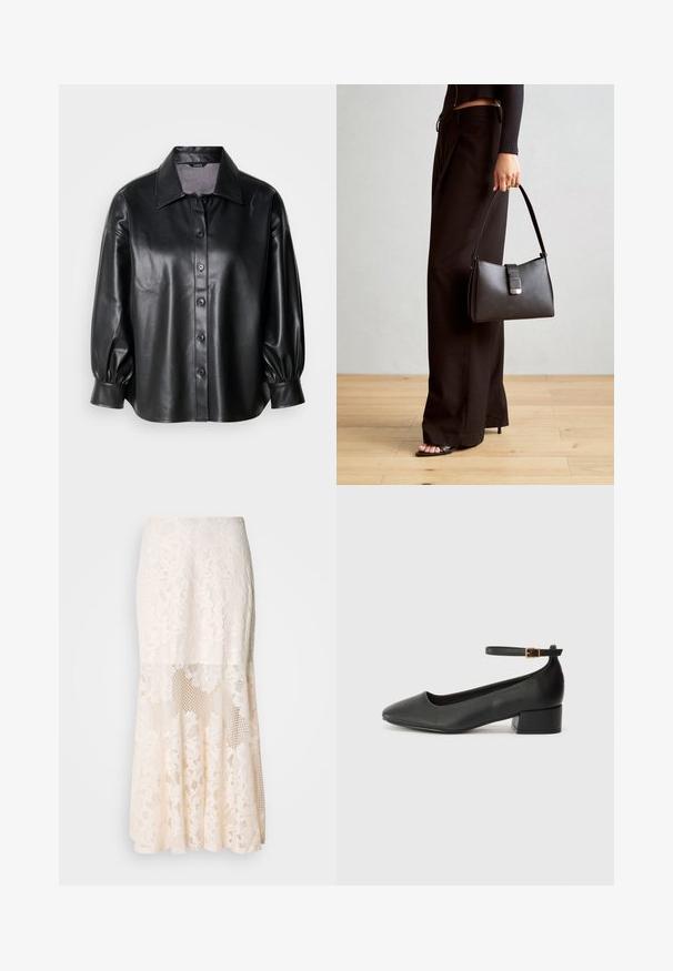 Melnas ādas krekla jakas ar apkakles kakla izgriezumu, pogu aizdari un burbuļveida piedurknēm. Gluda tekstūra un pielāgota piegriezuma.; Ziedu mežģīņu midi svārki krēmkrāsā; satur daudzslāņu dizainu ar caurspīdīgām daļām, teksturētu mežģīni un paplatinātu apakšmalu.; Melnas ādas sūkņi ar smailu purngalu un zemu bloku papēdi. Iezīmēts ar potītes siksniņu ar zelta krāsas sprādzi. Gluda tekstūra.; Melnā somiņa ar strukturētu formu, gludu tekstūru un metālu sprādzi. Saskaņota ar platām melnām biksēm un sandālēm ar atvērtu purngalu uz koka grīdas.