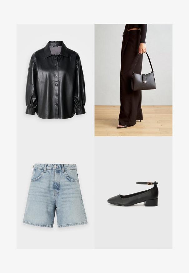 Čierna kožená košeľová bunda s golierom, s gombíkovým zapínaním a balónovými rukávmi. Hladká textúra a strih na mieru.; Svetlomodré denim šortky s vysokým pásom, dizajnom s piatimi vreckami a surovým lemom. Tkanina má jemné vyblednutie a viditeľné detaily šitia.; Čierne kožené lodičky s špicatou špičkou a nízkym blokovým podpätkom. Obsahuje remienok okolo členka so zlatým prackou. Hladký povrch.; Čierna kabelka so štruktúrovaným tvarom, hladkou textúrou a kovovou sponou. V kombinácii so širokými čiernymi nohavicami a sandálmi s otvorenou špičkou na drevenej podlahe.