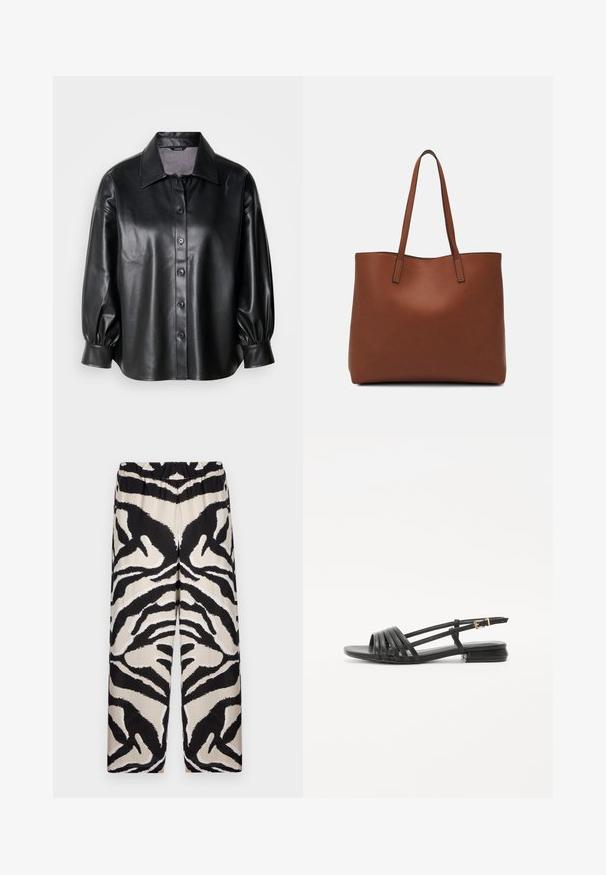 Mustan nahast särk-jakk, millel on kraega kaelus, nööpidega kinnitamine ja puhvis varrukad. Sile tekstuur ja kohandatud lõige.; Mustri musta ja beež laiade jalgadega püksid elastse vöökoha ja julgete zebra triipudega disainiga sujuvast kangast.; Mustad mustad sandaalid, millel on rihmaga disain, sisaldades mitmeid nahkrihmu ja peene pahkluu sangaga. Tald on lame ja ristkülikukujuline.; Pruun nahast tote-kott, millel on sile tekstuur, avatud ülaosa disain ja kaks õlarihma. Omab minimaalset õmblust ja nähtavat riistvara ei ole.