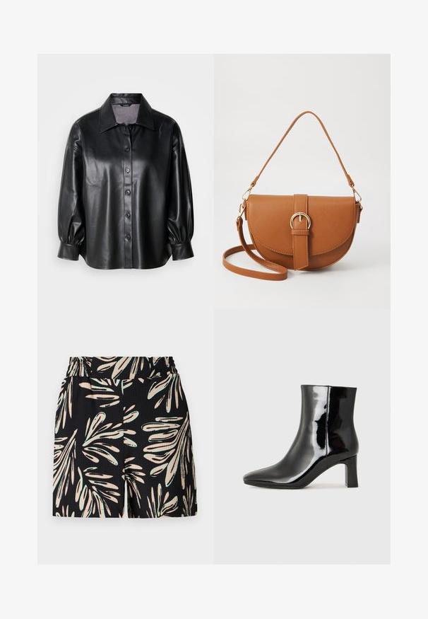Giacca camicia nera in pelle con colletto, chiusura a bottoni e maniche a palloncino. Texture liscia e vestibilità su misura.; Pantaloni corti neri con un motivo fogliare in beige chiaro e verde menta, con un tessuto testurizzato e una cintura elastica.; Stivaletto in pelle verniciata nera con punta a punta e tacco a blocco di altezza media. Texture liscia e design minimalista.; Borsa a tracolla in pelle marrone con forma curvata, hardware dorato e un dettaglio con fibbia. Presenta una tracolla rimovibile.